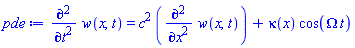 diff(diff(w(x, t), t), t) = c^2*(diff(diff(w(x, t), x), x))+kappa(x)*cos(Omega*t)