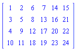 Matrix(4, 6, {(1, 1) = 1, (1, 2) = 2, (1, 3) = 6, (1, 4) = 7, (1, 5) = 14, (1, 6) = 15, (2, 1) = 3, (2, 2) = 5, (2, 3) = 8, (2, 4) = 13, (2, 5) = 16, (2, 6) = 21, (3, 1) = 4, (3, 2) = 9, (3, 3) = 12, (3, 4) = 17, (3, 5) = 20, (3, 6) = 22, (4, 1) = 10, (4, 2) = 11, (4, 3) = 18, (4, 4) = 19, (4, 5) = 23, (4, 6) = 24})