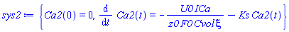 {Ca2(0) = 0, diff(Ca2(t), t) = -U0*ICa/(z0*F0*Cvol*xi)-Ks*Ca2(t)}