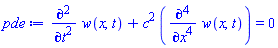 diff(diff(w(x, t), t), t)+c^2*(diff(diff(diff(diff(w(x, t), x), x), x), x)) = 0