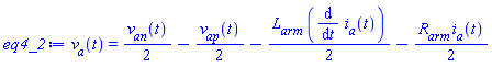 v__a(t) = (1/2)*v__an(t)-(1/2)*v__ap(t)-(1/2)*L__arm*(diff(i__a(t), t))-(1/2)*R__arm*i__a(t)