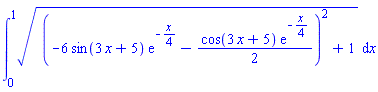 int(((-6*sin(3*x+5)*exp(-(1/4)*x)-(1/2)*cos(3*x+5)*exp(-(1/4)*x))^2+1)^(1/2), x = 0 .. 1)