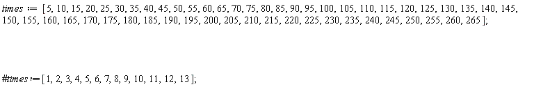 times := [5, 10, 15, 20, 25, 30, 35, 40, 45, 50, 55, 60, 65, 70, 75, 80, 85, 90, 95, 100, 105, 110, 115, 120, 125, 130, 135, 140, 145, 150, 155, 160, 165, 170, 175, 180, 185, 190, 195, 200, 205, 210, 215, 220, 225, 230, 235, 240, 245, 250, 255, 260, 265];