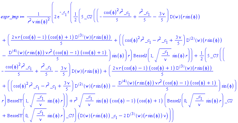 2*exp(-_c[1]*t)*((5/2)*_C2*((-(1/5)*cos(phi)^2*r^2*_c[1]+(1/5)*r^2*_c[1]-(3/5)*nu)*(D(w))(r*sin(phi))+((2/5)*nu*r*(cos(phi)-1)*(cos(phi)+1)*((D@@3)(w))(r*sin(phi))+((cos(phi)^2*r^2*_c[1]-r^2*_c[1]+(3/5)*nu)*((D@@2)(w))(r*sin(phi))-(1/5)*((D@@4)(w))(r*sin(phi))*nu*r^2*(cos(phi)-1)*(cos(phi)+1))*sin(phi))*r)*BesselJ(1, (_c[1]/nu)^(1/2)*sin(phi)*r)+(5/2)*_C3*((-(1/5)*cos(phi)^2*r^2*_c[1]+(1/5)*r^2*_c[1]-(3/5)*nu)*(D(w))(r*sin(phi))+((2/5)*nu*r*(cos(phi)-1)*(cos(phi)+1)*((D@@3)(w))(r*sin(phi))+((cos(phi)^2*r^2*_c[1]-r^2*_c[1]+(3/5)*nu)*((D@@2)(w))(r*sin(phi))-(1/5)*((D@@4)(w))(r*sin(phi))*nu*r^2*(cos(phi)-1)*(cos(phi)+1))*sin(phi))*r)*BesselY(1, (_c[1]/nu)^(1/2)*sin(phi)*r)+r^3*(_c[1]/nu)^(1/2)*sin(phi)*(cos(phi)-1)*(cos(phi)+1)*(BesselJ(0, (_c[1]/nu)^(1/2)*sin(phi)*r)*_C2+BesselY(0, (_c[1]/nu)^(1/2)*sin(phi)*r)*_C3)*((D(w))(r*sin(phi))*_c[1]-2*((D@@3)(w))(r*sin(phi))*nu))/(r^2*nu*sin(phi)^2)