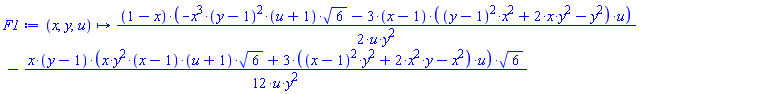 proc (x, y, u) options operator, arrow; (1/2)*(1-x)*(-x^3*(y-1)^2*(u+1)*6^(1/2)-3*(x-1)*((y-1)^2*x^2+2*x*y^2-y^2)*u)/(u*y^2)-(1/12)*x*(y-1)*(x*y^2*(x-1)*(u+1)*6^(1/2)+3*((x-1)^2*y^2+2*x^2*y-x^2)*u)*6^(1/2)/(u*y^2) end proc