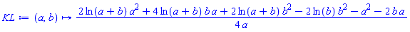 proc (a, b) options operator, arrow; (1/4)*(2*ln(a+b)*a^2+4*ln(a+b)*b*a+2*ln(a+b)*b^2-2*ln(b)*b^2-a^2-2*b*a)/a end proc
