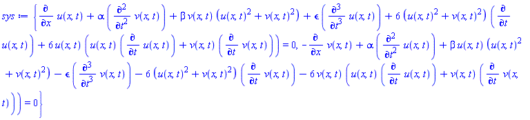{diff(u(x, t), x)+alpha*(diff(diff(v(x, t), t), t))+beta*v(x, t)*(u(x, t)^2+v(x, t)^2)+epsilon*(diff(diff(diff(u(x, t), t), t), t))+6*(u(x, t)^2+v(x, t)^2)*(diff(u(x, t), t))+6*u(x, t)*(u(x, t)*(diff(u(x, t), t))+v(x, t)*(diff(v(x, t), t))) = 0, -(diff(v(x, t), x))+alpha*(diff(diff(u(x, t), t), t))+beta*u(x, t)*(u(x, t)^2+v(x, t)^2)-epsilon*(diff(diff(diff(v(x, t), t), t), t))-6*(u(x, t)^2+v(x, t)^2)*(diff(v(x, t), t))-6*v(x, t)*(u(x, t)*(diff(u(x, t), t))+v(x, t)*(diff(v(x, t), t))) = 0}