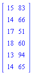 Matrix(6, 2, {(1, 1) = 15, (1, 2) = 83, (2, 1) = 14, (2, 2) = 66, (3, 1) = 17, (3, 2) = 51, (4, 1) = 18, (4, 2) = 60, (5, 1) = 13, (5, 2) = 94, (6, 1) = 14, (6, 2) = 65})