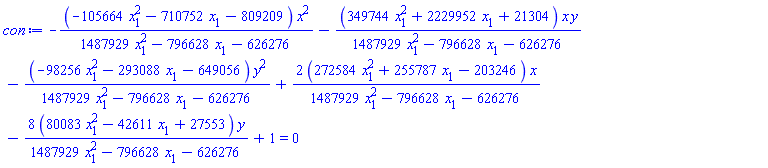 -(-105664*x[1]^2-710752*x[1]-809209)*x^2/(1487929*x[1]^2-796628*x[1]-626276)-(349744*x[1]^2+2229952*x[1]+21304)*x*y/(1487929*x[1]^2-796628*x[1]-626276)-(-98256*x[1]^2-293088*x[1]-649056)*y^2/(1487929*x[1]^2-796628*x[1]-626276)+2*(272584*x[1]^2+255787*x[1]-203246)*x/(1487929*x[1]^2-796628*x[1]-626276)-8*(80083*x[1]^2-42611*x[1]+27553)*y/(1487929*x[1]^2-796628*x[1]-626276)+1 = 0