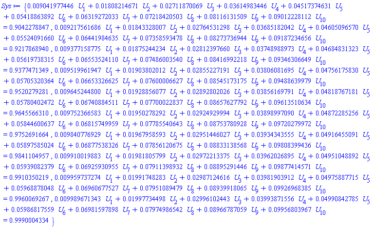 {0.9041977446e-2*U[1]+0.1808214671e-1*U[2]+0.2711870069e-1*U[3]+0.3614983446e-1*U[4]+0.4517374631e-1*U[5]+0.5418863892e-1*U[6]+0.6319272033e-1*U[7]+0.7218420503e-1*U[8]+0.8116131509e-1*U[9]+0.9012228112e-1*U[10] = .9042278847, 0.9217561686e-2*U[1]+0.1843328007e-1*U[2]+0.2764531298e-1*U[3]+0.3685182042e-1*U[4]+0.4605096570e-1*U[5]+0.5524091660e-1*U[6]+0.6441984635e-1*U[7]+0.7358593478e-1*U[8]+0.8273736944e-1*U[9]+0.9187234656e-1*U[10] = .9217868940, 0.9377158775e-2*U[1]+0.1875244234e-1*U[2]+0.2812397660e-1*U[3]+0.3748988973e-1*U[4]+0.4684831323e-1*U[5]+0.5619738315e-1*U[6]+0.6553524110e-1*U[7]+0.7486003540e-1*U[8]+0.8416992218e-1*U[9]+0.9346306649e-1*U[10] = .9377471349, 0.9519961947e-2*U[1]+0.1903802012e-1*U[2]+0.2855227191e-1*U[3]+0.3806081695e-1*U[4]+0.4756175830e-1*U[5]+0.5705320364e-1*U[6]+0.6653326625e-1*U[7]+0.7600006627e-1*U[8]+0.8545173175e-1*U[9]+0.9488639979e-1*U[10] = .9520279281, 0.9645244800e-2*U[1]+0.1928856077e-1*U[2]+0.2892802026e-1*U[3]+0.3856169791e-1*U[4]+0.4818767181e-1*U[5]+0.5780402472e-1*U[6]+0.6740884511e-1*U[7]+0.7700022837e-1*U[8]+0.8657627792e-1*U[9]+0.9613510634e-1*U[10] = .9645566310, 0.9752366583e-2*U[1]+0.1950278292e-1*U[2]+0.2924929994e-1*U[3]+0.3898997090e-1*U[4]+0.4872285256e-1*U[5]+0.5844600637e-1*U[6]+0.6815749959e-1*U[7]+0.7785540643e-1*U[8]+0.8753780928e-1*U[9]+0.9720279972e-1*U[10] = .9752691664, 0.9840776929e-2*U[1]+0.1967958593e-1*U[2]+0.2951446027e-1*U[3]+0.3934343555e-1*U[4]+0.4916455091e-1*U[5]+0.5897585024e-1*U[6]+0.6877538326e-1*U[7]+0.7856120675e-1*U[8]+0.8833138568e-1*U[9]+0.9808399436e-1*U[10] = .9841104957, 0.9910019883e-2*U[1]+0.1981805799e-1*U[2]+0.2972213375e-1*U[3]+0.3962026895e-1*U[4]+0.4951048892e-1*U[5]+0.5939082379e-1*U[6]+0.6925930955e-1*U[7]+0.7911398932e-1*U[8]+0.8895291446e-1*U[9]+0.9877414571e-1*U[10] = .9910350219, 0.9959737274e-2*U[1]+0.1991748283e-1*U[2]+0.2987124616e-1*U[3]+0.3981903912e-1*U[4]+0.4975887715e-1*U[5]+0.5968878048e-1*U[6]+0.6960677527e-1*U[7]+0.7951089479e-1*U[8]+0.8939918065e-1*U[9]+0.9926968385e-1*U[10] = .9960069267, 0.9989671343e-2*U[1]+0.1997734498e-1*U[2]+0.2996102443e-1*U[3]+0.3993871556e-1*U[4]+0.4990842785e-1*U[5]+0.5986817559e-1*U[6]+0.6981597898e-1*U[7]+0.7974986542e-1*U[8]+0.8966787059e-1*U[9]+0.9956803967e-1*U[10] = .9990004334}