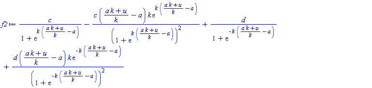 c/(1+exp(k*((a*k+u)/k-a)))-c*((a*k+u)/k-a)*k*exp(k*((a*k+u)/k-a))/(1+exp(k*((a*k+u)/k-a)))^2+d/(1+exp(-k*((a*k+u)/k-a)))+d*((a*k+u)/k-a)*k*exp(-k*((a*k+u)/k-a))/(1+exp(-k*((a*k+u)/k-a)))^2