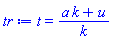t = (a*k+u)/k