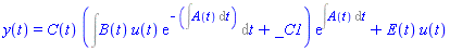 y(t) = C(t)*(Int(B(t)*u(t)*exp(-(Int(A(t), t))), t)+_C1)*exp(Int(A(t), t))+E(t)*u(t)