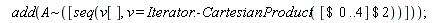add(`~`[A]([seq(v[], v = Iterator:-CartesianProduct(`$`([`$`(0 .. 4)], 2)))]))