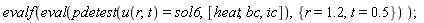 evalf(eval(pdetest(u(r, t) = sol6, [heat, bc, ic]), {r = 1.2, t = .5}))