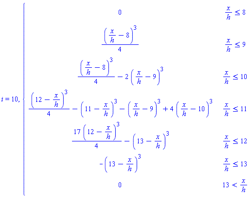 i = 10, piecewise(x/h <= 8, 0, x/h <= 9, (1/4)*(x/h-8)^3, x/h <= 10, (1/4)*(x/h-8)^3-2*(x/h-9)^3, x/h <= 11, (1/4)*(12-x/h)^3-(11-x/h)^3-(x/h-9)^3+4*(x/h-10)^3, x/h <= 12, (17/4)*(12-x/h)^3-(13-x/h)^3, x/h <= 13, -(13-x/h)^3, 13 < x/h, 0)