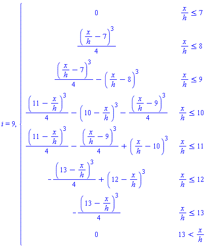 i = 9, piecewise(x/h <= 7, 0, x/h <= 8, (1/4)*(x/h-7)^3, x/h <= 9, (1/4)*(x/h-7)^3-(x/h-8)^3, x/h <= 10, (1/4)*(11-x/h)^3-(10-x/h)^3-(1/4)*(x/h-9)^3, x/h <= 11, (1/4)*(11-x/h)^3-(1/4)*(x/h-9)^3+(x/h-10)^3, x/h <= 12, -(1/4)*(13-x/h)^3+(12-x/h)^3, x/h <= 13, -(1/4)*(13-x/h)^3, 13 < x/h, 0)