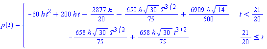p(t) = piecewise(t < 21/20, -60*h*t^2+200*h*t-(2877/20)*h-(658/75)*h*30^(1/2)*T^(3/2)+(6909/500)*h*14^(1/2), 21/20 <= t, -(658/75)*h*30^(1/2)*T^(3/2)+(658/75)*h*30^(1/2)*t^(3/2))