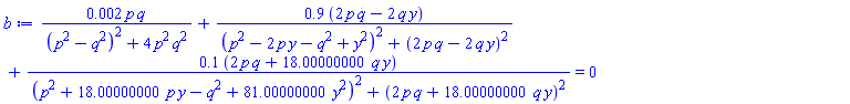 0.2e-2*p*q/((p^2-q^2)^2+4*p^2*q^2)+.9*(2*p*q-2*q*y)/((p^2-2*p*y-q^2+y^2)^2+(2*p*q-2*q*y)^2)+.1*(2*p*q+18.00000000*q*y)/((p^2+18.00000000*p*y-q^2+81.00000000*y^2)^2+(2*p*q+18.00000000*q*y)^2) = 0