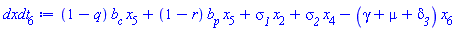 (1-q)*b__c*x[5]+(1-r)*b__p*x[5]+sigma__1*x[2]+sigma__2*x[4]-(gamma+mu+delta__3)*x[6]