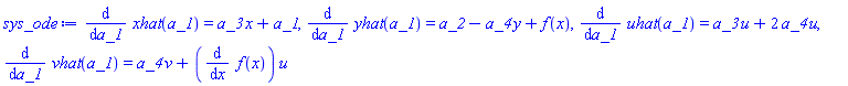 diff(xhat(a_1), a_1) = a_3*x+a_1, diff(yhat(a_1), a_1) = a_2-a_4*y+f(x), diff(uhat(a_1), a_1) = a_3*u+2*a_4*u, diff(vhat(a_1), a_1) = a_4*v+(diff(f(x), x))*u