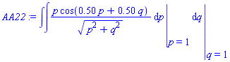 eval(int(eval(int(p*cos(.50*p+.50*q)/(p^2+q^2)^(1/2), p), {p = 1}), q), {q = 1})