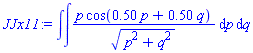 int(int(p*cos(.50*p+.50*q)/(p^2+q^2)^(1/2), p), q)