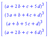 Vector[column]([[(a+2*b+c+5*d)^3], [(3*a+b+4*c+d)^3], [(a+b+5*c+d)^3], [(a+2*b+c+6*d)^3]])
