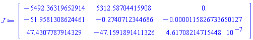 Matrix(3, 3, {(1, 1) = -5492.36319652914, (1, 2) = 5312.58704415908, (1, 3) = 0., (2, 1) = -51.9581308624461, (2, 2) = -.2740712344686, (2, 3) = -0.115826733650127e-4, (3, 1) = 47.4307787914329, (3, 2) = -47.1591891411326, (3, 3) = 0.4617082147e-6})