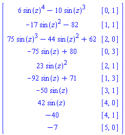 Matrix(10, 2, {(1, 1) = 6*sin(z)^4-10*sin(z)^3, (1, 2) = [0, 1], (2, 1) = -17*sin(z)^2-82, (2, 2) = [1, 1], (3, 1) = 75*sin(z)^3-44*sin(z)^2+62, (3, 2) = [2, 0], (4, 1) = -75*sin(z)+80, (4, 2) = [0, 3], (5, 1) = 23*sin(z)^2, (5, 2) = [2, 1], (6, 1) = -92*sin(z)+71, (6, 2) = [1, 3], (7, 1) = -50*sin(z), (7, 2) = [3, 1], (8, 1) = 42*sin(z), (8, 2) = [4, 0], (9, 1) = -40, (9, 2) = [4, 1], (10, 1) = -7, (10, 2) = [5, 0]})