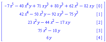 Matrix(5, 2, {(1, 1) = -7*x^5-40*x^4*y+71*x*y^3+80*y^3+62*x^2-82*x*y, (1, 2) = [0], (2, 1) = 42*x^4-50*x^3*y-92*x*y^3-75*y^3, (2, 2) = [1], (3, 1) = 23*x^2*y-44*x^2-17*x*y, (3, 2) = [2], (4, 1) = 75*x^2-10*y, (4, 2) = [3], (5, 1) = 6*y, (5, 2) = [4]})