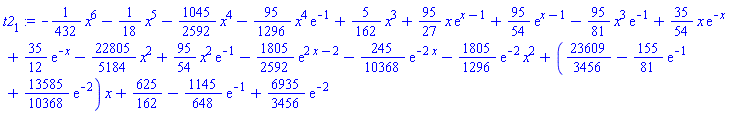 -(1/432)*x^6-(1/18)*x^5-(1045/2592)*x^4-(95/1296)*x^4*exp(-1)+(5/162)*x^3+(95/27)*x*exp(x-1)+(95/54)*exp(x-1)-(95/81)*x^3*exp(-1)+(35/54)*x*exp(-x)+(35/12)*exp(-x)-(22805/5184)*x^2+(95/54)*x^2*exp(-1)-(1805/2592)*exp(2*x-2)-(245/10368)*exp(-2*x)-(1805/1296)*exp(-2)*x^2+(23609/3456-(155/81)*exp(-1)+(13585/10368)*exp(-2))*x+625/162-(1145/648)*exp(-1)+(6935/3456)*exp(-2)