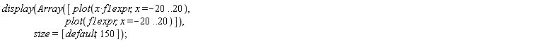 display(Array([plot(x*f1expr, x = -20 .. 20), plot(f1expr, x = -20 .. 20)]), size = [default, 150])