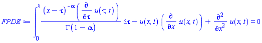 int((x-tau)^(-alpha)*(diff(u(tau, t), tau))/GAMMA(1-alpha), tau = 0 .. x)+u(x, t)*(diff(u(x, t), x))+diff(diff(u(x, t), x), x) = 0