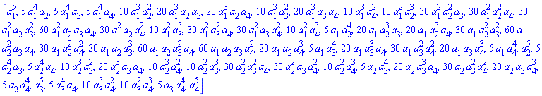 [a[1]^5, 5*a[1]^4*a[2], 5*a[1]^4*a[3], 5*a[1]^4*a[4], 10*a[1]^3*a[2]^2, 20*a[1]^3*a[2]*a[3], 20*a[1]^3*a[2]*a[4], 10*a[1]^3*a[3]^2, 20*a[1]^3*a[3]*a[4], 10*a[1]^3*a[4]^2, 10*a[1]^2*a[2]^3, 30*a[1]^2*a[2]^2*a[3], 30*a[1]^2*a[2]^2*a[4], 30*a[1]^2*a[2]*a[3]^2, 60*a[1]^2*a[2]*a[3]*a[4], 30*a[1]^2*a[2]*a[4]^2, 10*a[1]^2*a[3]^3, 30*a[1]^2*a[3]^2*a[4], 30*a[1]^2*a[3]*a[4]^2, 10*a[1]^2*a[4]^3, 5*a[1]*a[2]^4, 20*a[1]*a[2]^3*a[3], 20*a[1]*a[2]^3*a[4], 30*a[1]*a[2]^2*a[3]^2, 60*a[1]*a[2]^2*a[3]*a[4], 30*a[1]*a[2]^2*a[4]^2, 20*a[1]*a[2]*a[3]^3, 60*a[1]*a[2]*a[3]^2*a[4], 60*a[1]*a[2]*a[3]*a[4]^2, 20*a[1]*a[2]*a[4]^3, 5*a[1]*a[3]^4, 20*a[1]*a[3]^3*a[4], 30*a[1]*a[3]^2*a[4]^2, 20*a[1]*a[3]*a[4]^3, 5*a[1]*a[4]^4, a[2]^5, 5*a[2]^4*a[3], 5*a[2]^4*a[4], 10*a[2]^3*a[3]^2, 20*a[2]^3*a[3]*a[4], 10*a[2]^3*a[4]^2, 10*a[2]^2*a[3]^3, 30*a[2]^2*a[3]^2*a[4], 30*a[2]^2*a[3]*a[4]^2, 10*a[2]^2*a[4]^3, 5*a[2]*a[3]^4, 20*a[2]*a[3]^3*a[4], 30*a[2]*a[3]^2*a[4]^2, 20*a[2]*a[3]*a[4]^3, 5*a[2]*a[4]^4, a[3]^5, 5*a[3]^4*a[4], 10*a[3]^3*a[4]^2, 10*a[3]^2*a[4]^3, 5*a[3]*a[4]^4, a[4]^5]