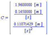 C := Vector(3, {(1) = 1.9600000*Units:-Unit(m), (2) = .1650000*Units:-Unit(m)/Units:-Unit(s), (3) = .11071429*Units:-Unit(m)/Units:-Unit(s)^2})