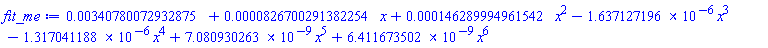 0.340780072932875e-2+0.826700291382254e-4*x+0.146289994961542e-3*x^2-0.1637127196e-5*x^3-0.1317041188e-5*x^4+0.7080930263e-8*x^5+0.6411673502e-8*x^6