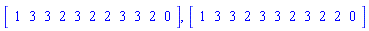 Vector[row](11, {(1) = 1, (2) = 3, (3) = 3, (4) = 2, (5) = 3, (6) = 2, (7) = 2, (8) = 3, (9) = 3, (10) = 2, (11) = 0}), Vector[row](11, {(1) = 1, (2) = 3, (3) = 3, (4) = 2, (5) = 3, (6) = 3, (7) = 2, (8) = 3, (9) = 2, (10) = 2, (11) = 0})