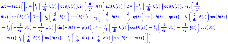 table( [( 1 ) = [l[1]*(diff(theta(t), t))*cos(theta(t)), l[1]*(diff(theta(t), t))*sin(theta(t))], ( 2 ) = [-l[2]*(diff(theta(t), t))*cos(theta(t)), -l[2]*(diff(theta(t), t))*sin(theta(t))], ( 3 ) = [-l[2]*(diff(theta(t), t))*cos(theta(t))-l[3]*(-(diff(theta(t), t))+diff(psi(t), t))*cos(-theta(t)+psi(t)), -l[2]*(diff(theta(t), t))*sin(theta(t))+l[3]*(-(diff(theta(t), t))+diff(psi(t), t))*sin(-theta(t)+psi(t))], ( 4 ) = [l[1]*(diff(theta(t), t))*cos(theta(t))-l[4]*(diff(theta(t), t)+diff(phi(t), t))*cos(theta(t)+phi(t)), l[1]*(diff(theta(t), t))*sin(theta(t))-l[4]*(diff(theta(t), t)+diff(phi(t), t))*sin(theta(t)+phi(t))] ] )