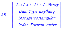 AB := Vector(4, {(1) = ` 1..11 x 1..11 x 1..2 `*Array, (2) = `Data Type: `*anything, (3) = `Storage: `*rectangular, (4) = `Order: `*Fortran_order})