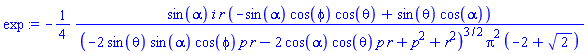 -(1/4)*sin(alpha)*i*r*(-sin(alpha)*cos(phi)*cos(theta)+sin(theta)*cos(alpha))/((-2*sin(theta)*sin(alpha)*cos(phi)*p*r-2*cos(alpha)*cos(theta)*p*r+p^2+r^2)^(3/2)*Pi^2*(-2+2^(1/2)))