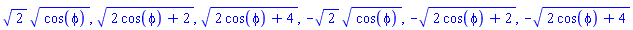 2^(1/2)*cos(phi)^(1/2), (2*cos(phi)+2)^(1/2), (2*cos(phi)+4)^(1/2), -2^(1/2)*cos(phi)^(1/2), -(2*cos(phi)+2)^(1/2), -(2*cos(phi)+4)^(1/2)