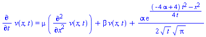 diff(v(x, t), t) = mu*(diff(diff(v(x, t), x), x))+beta*v(x, t)+(1/2)*alpha*exp((1/4)*((-4*alpha+4)*t^2-x^2)/t)/(t^(1/2)*Pi^(1/2))