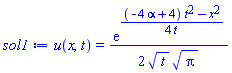 u(x, t) = (1/2)*exp((1/4)*((-4*alpha+4)*t^2-x^2)/t)/(t^(1/2)*Pi^(1/2))