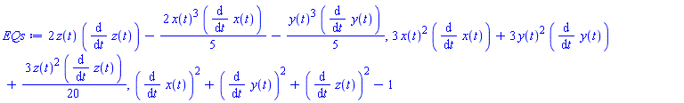 2*z(t)*(diff(z(t), t))-(2/5)*x(t)^3*(diff(x(t), t))-(1/5)*y(t)^3*(diff(y(t), t)), 3*x(t)^2*(diff(x(t), t))+3*y(t)^2*(diff(y(t), t))+(3/20)*z(t)^2*(diff(z(t), t)), (diff(x(t), t))^2+(diff(y(t), t))^2+(diff(z(t), t))^2-1
