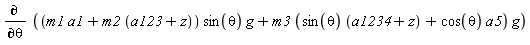 diff((m1*a1+m2*(a123+z))*sin(theta)*g+m3*(sin(theta)*(a1234+z)+cos(theta)*a5)*g, theta)