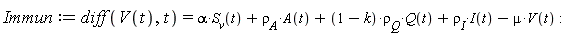 Immun := diff(V(t), t) = alpha*S__v(t)+`&rho;__A`*A(t)+(1-k)*`&rho;__Q`*Q(t)+`&rho;__I`*I(t)-mu*V(t)