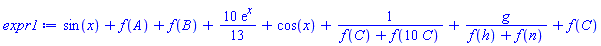 sin(x)+f(A)+f(B)+(10/13)*exp(x)+cos(x)+1/(f(C)+f(10*C))+g/(f(h)+f(n))+f(C)