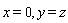 x = 0, y = z
