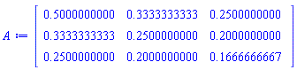 Matrix(3, 3, {(1, 1) = .5000000000, (1, 2) = .3333333333, (1, 3) = .2500000000, (2, 1) = .3333333333, (2, 2) = .2500000000, (2, 3) = .2000000000, (3, 1) = .2500000000, (3, 2) = .2000000000, (3, 3) = .1666666667})